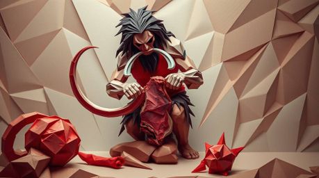 An origami-style depiction of a caveman meticulously preparing mammoth meat, rendered in vibrant contrasting colors that crea