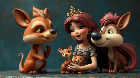 Discover a sophisticated and elegant vintage 2D animation featuring a princess with forest animals singing. Rich burgundy an