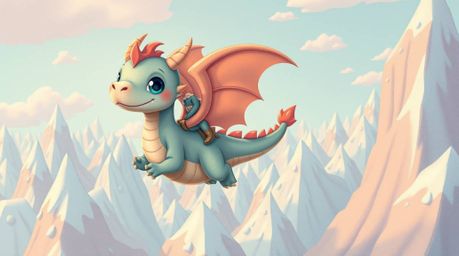 A charming dragon and its rider soar above breathtaking icy mountains in a dreamy, surreal artwork.  The piece boasts adorabl