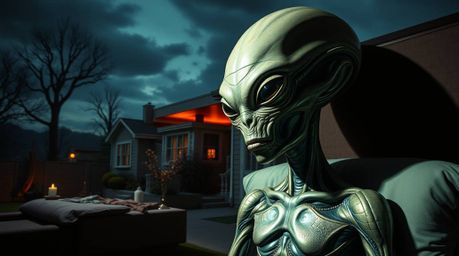 Explore a surreal and dreamlike world where an alien with iridescent skin and a large head resides in a bizarre suburban hous