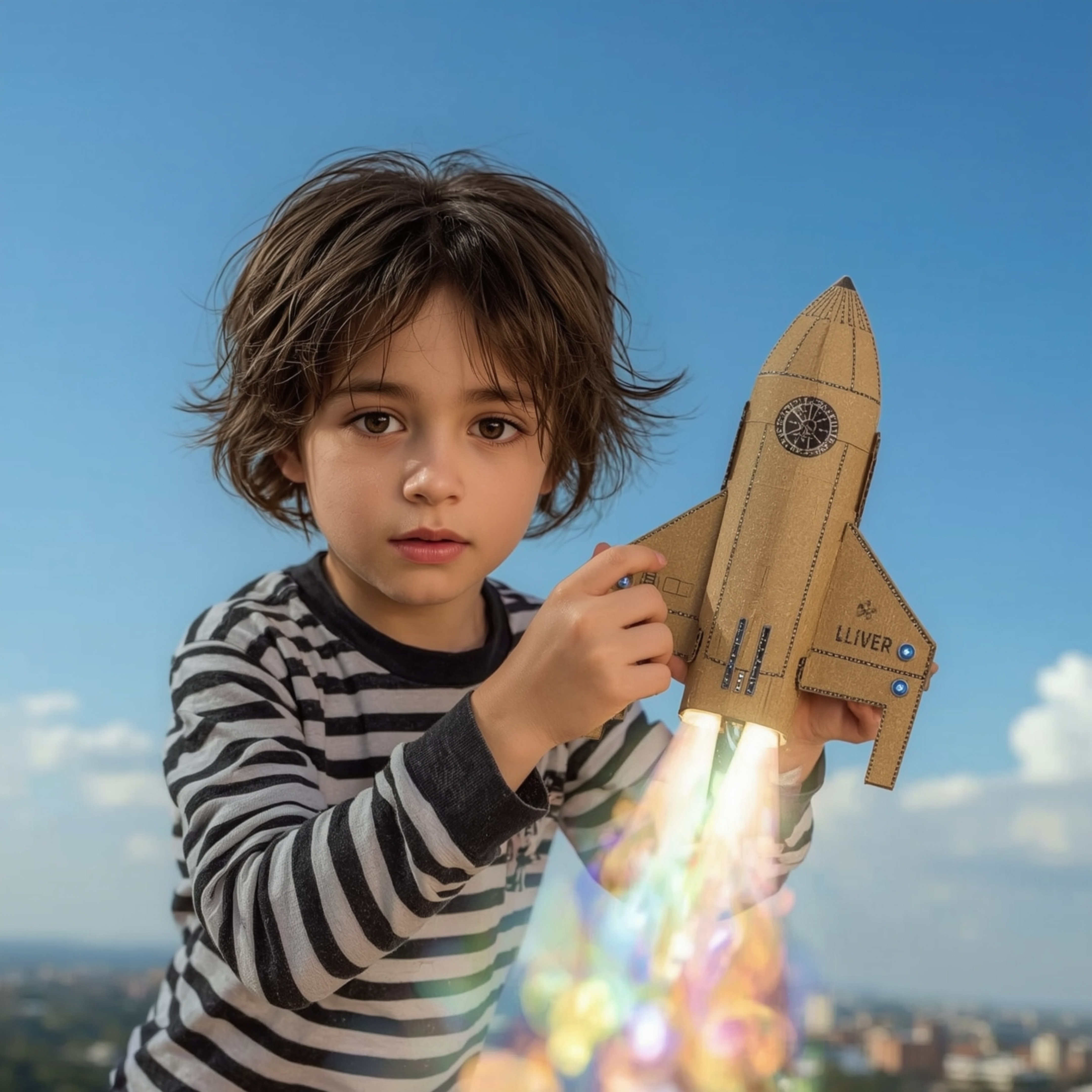 A visually stunning high-fashion photograph captures a young boy with bright blue eyes and messy brown hair, excitedly launch