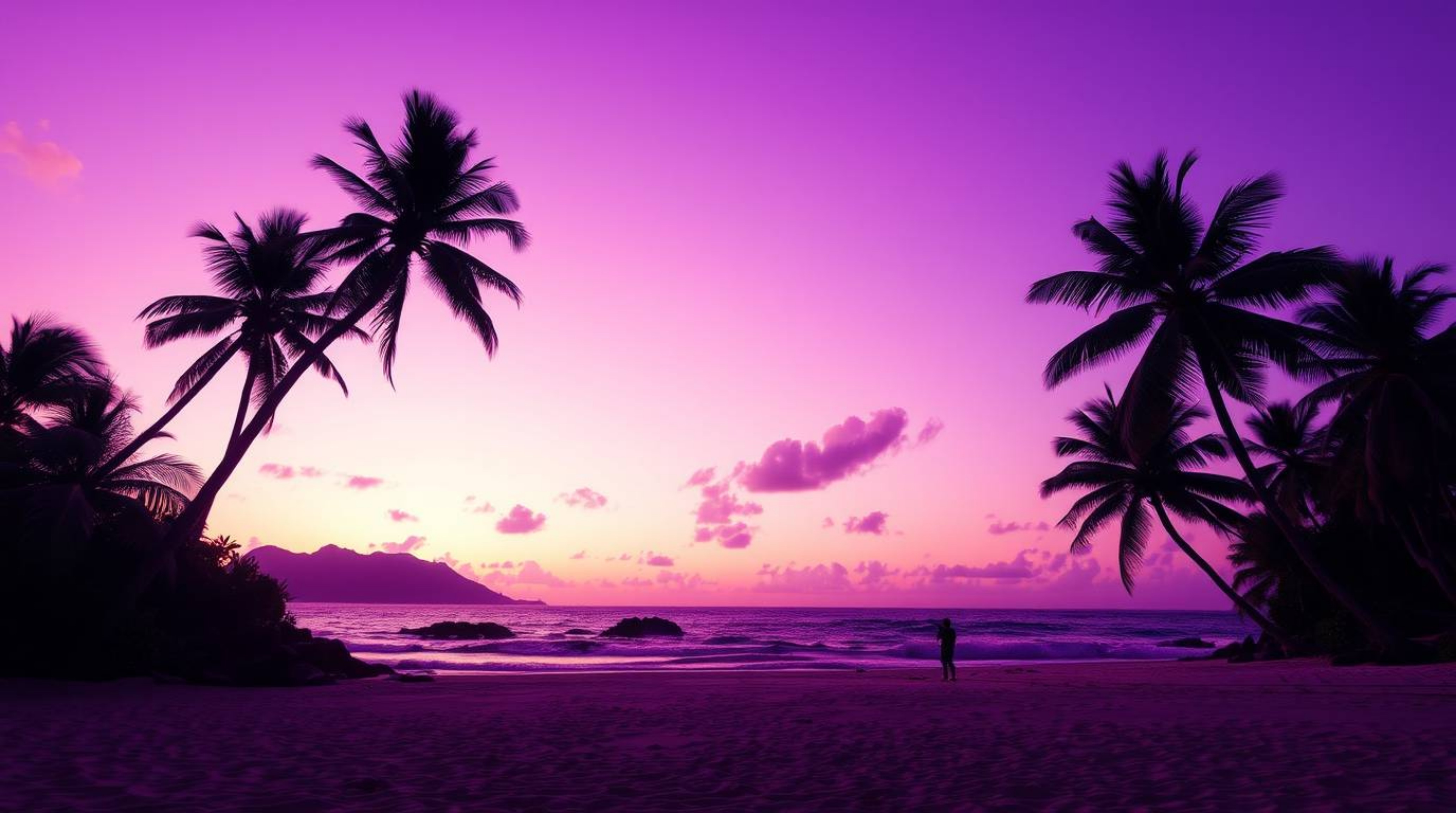 Experience the breathtaking beauty of a tropical beach sunset.  Deep ultraviolet hues bathe the scene, soft light creates sub
