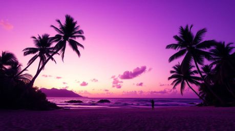 Experience the breathtaking beauty of a tropical beach sunset.  Deep ultraviolet hues bathe the scene, soft light creates sub