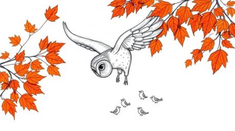 A whimsical, hand-drawn pencil sketch depicts a blind owl in a Pixar-inspired style, gracefully spiraling downwards through a