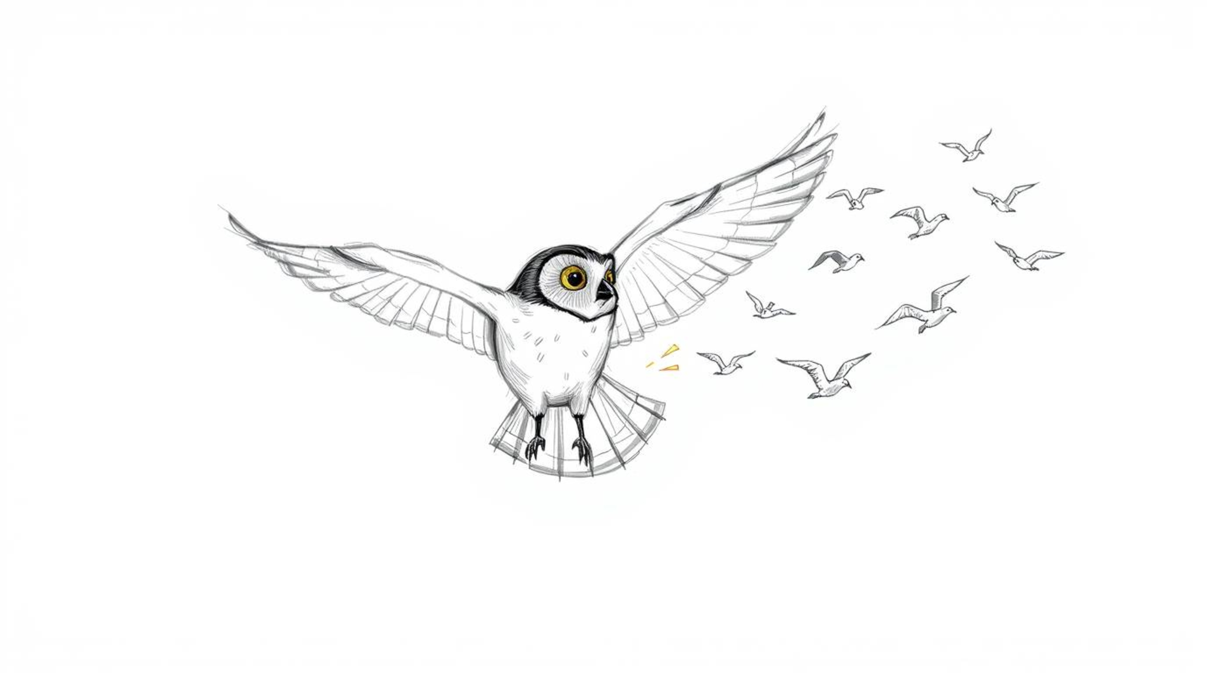 A captivating hand-drawn sketch in the style of Pixar portrays a blind owl in mid-flight, inspiring a flock of birds.  The ar