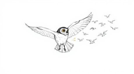 A captivating hand-drawn sketch in the style of Pixar portrays a blind owl in mid-flight, inspiring a flock of birds.  The ar