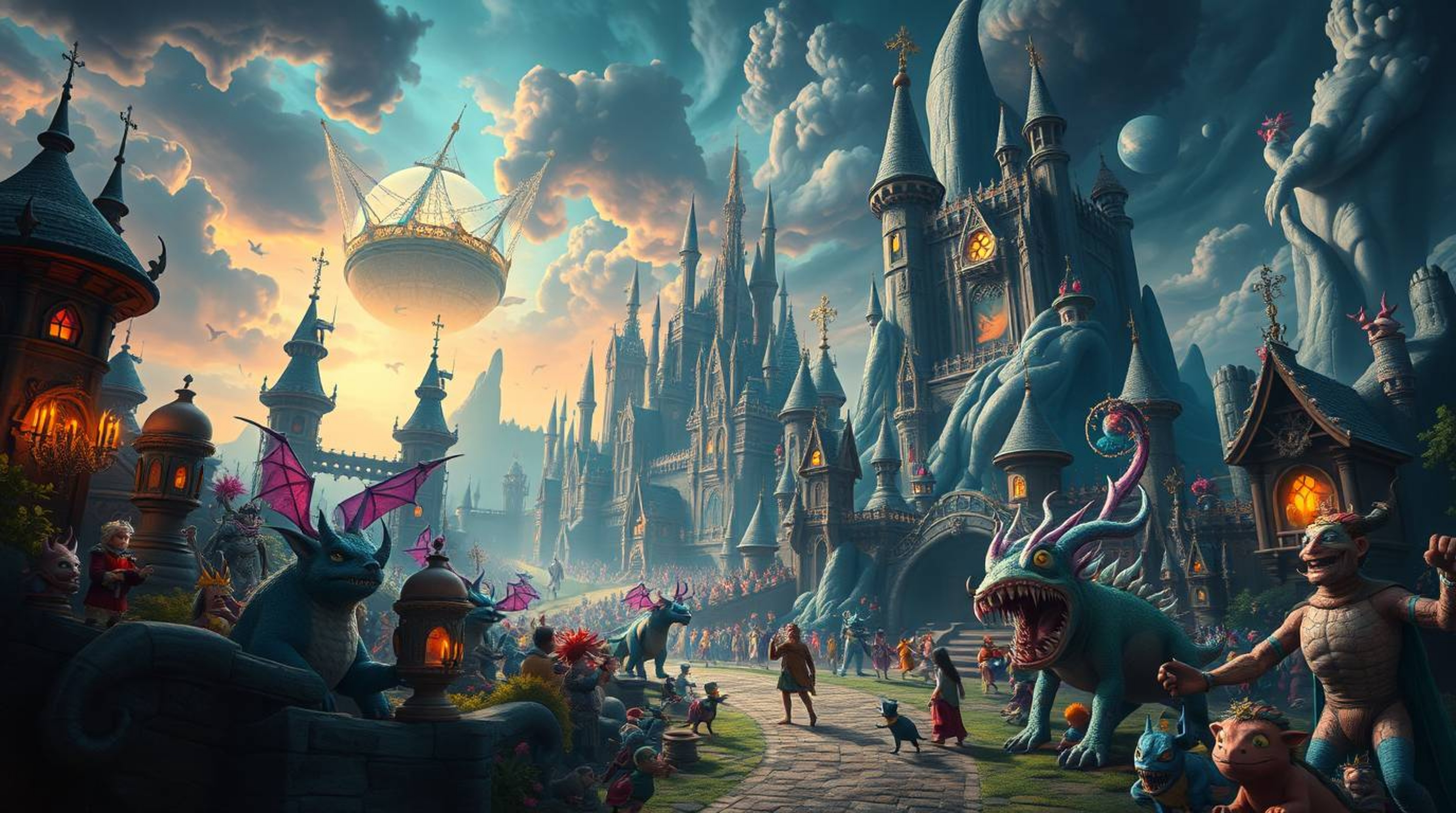 Explore an epic fantasy kingdom brimming with quirky magical creatures, rendered in vibrant complementary colors and boasting