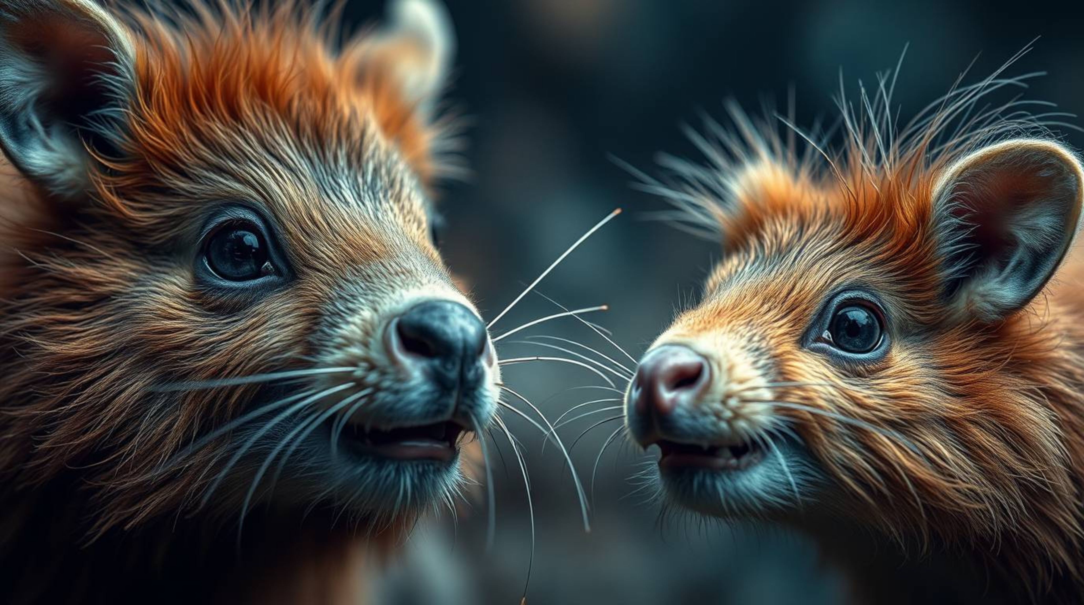 Dive into a dreamlike world with this extreme macro photograph showcasing two mischievous talking animals.  The image focuses