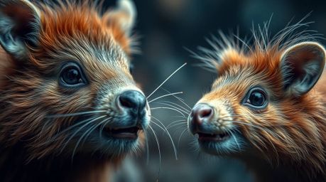 Dive into a dreamlike world with this extreme macro photograph showcasing two mischievous talking animals.  The image focuses