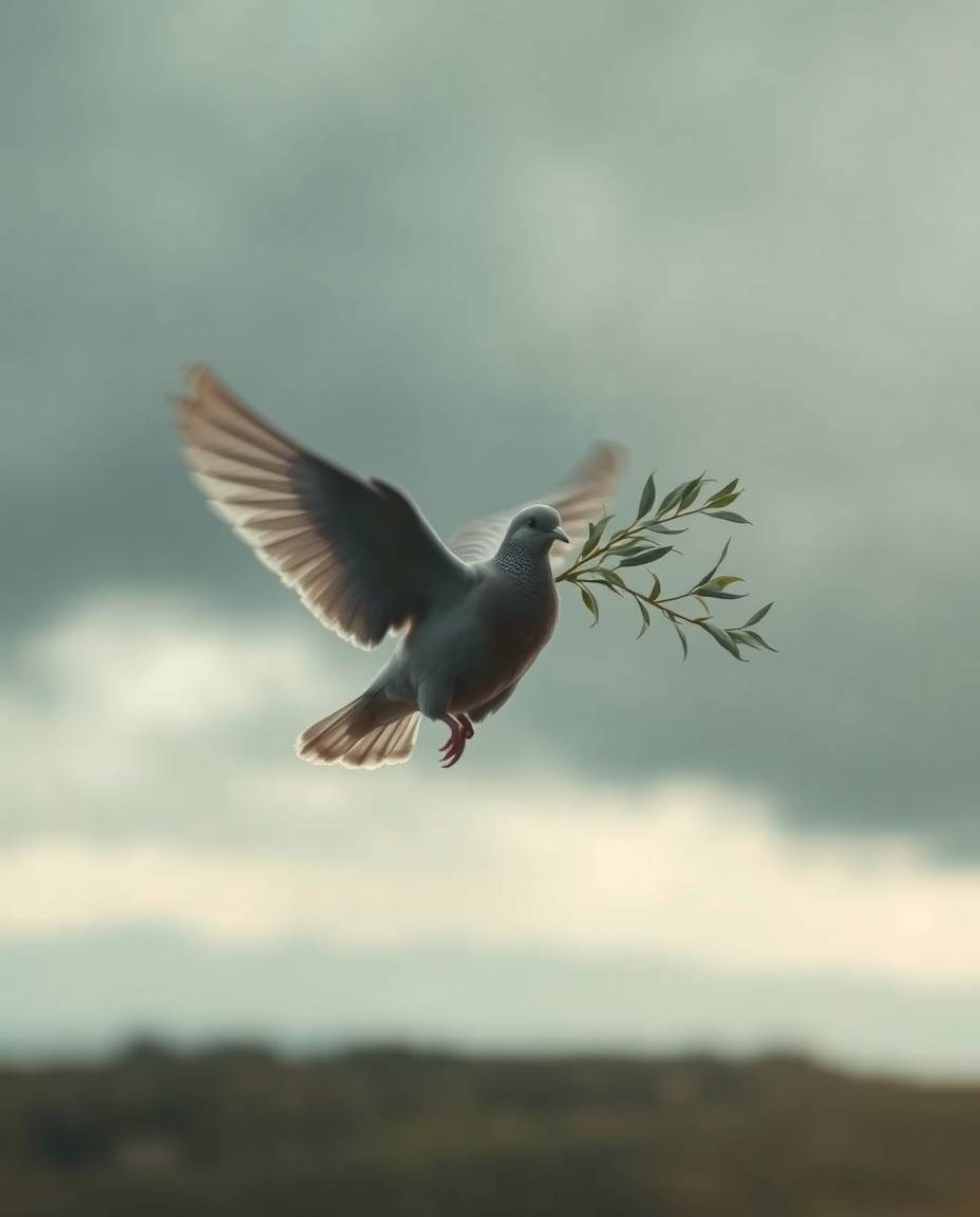 A captivating image featuring a dove carrying an olive branch amidst stormy skies.  The soft cinematic haze and soft focus cr