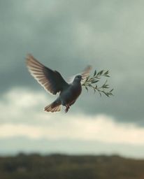 A captivating image featuring a dove carrying an olive branch amidst stormy skies.  The soft cinematic haze and soft focus cr