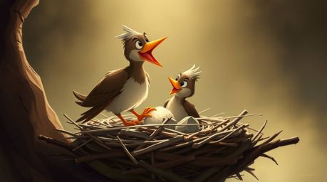 Two cartoon birds are diligently constructing a nest in a charming, classic animation style, brought to life through a digita