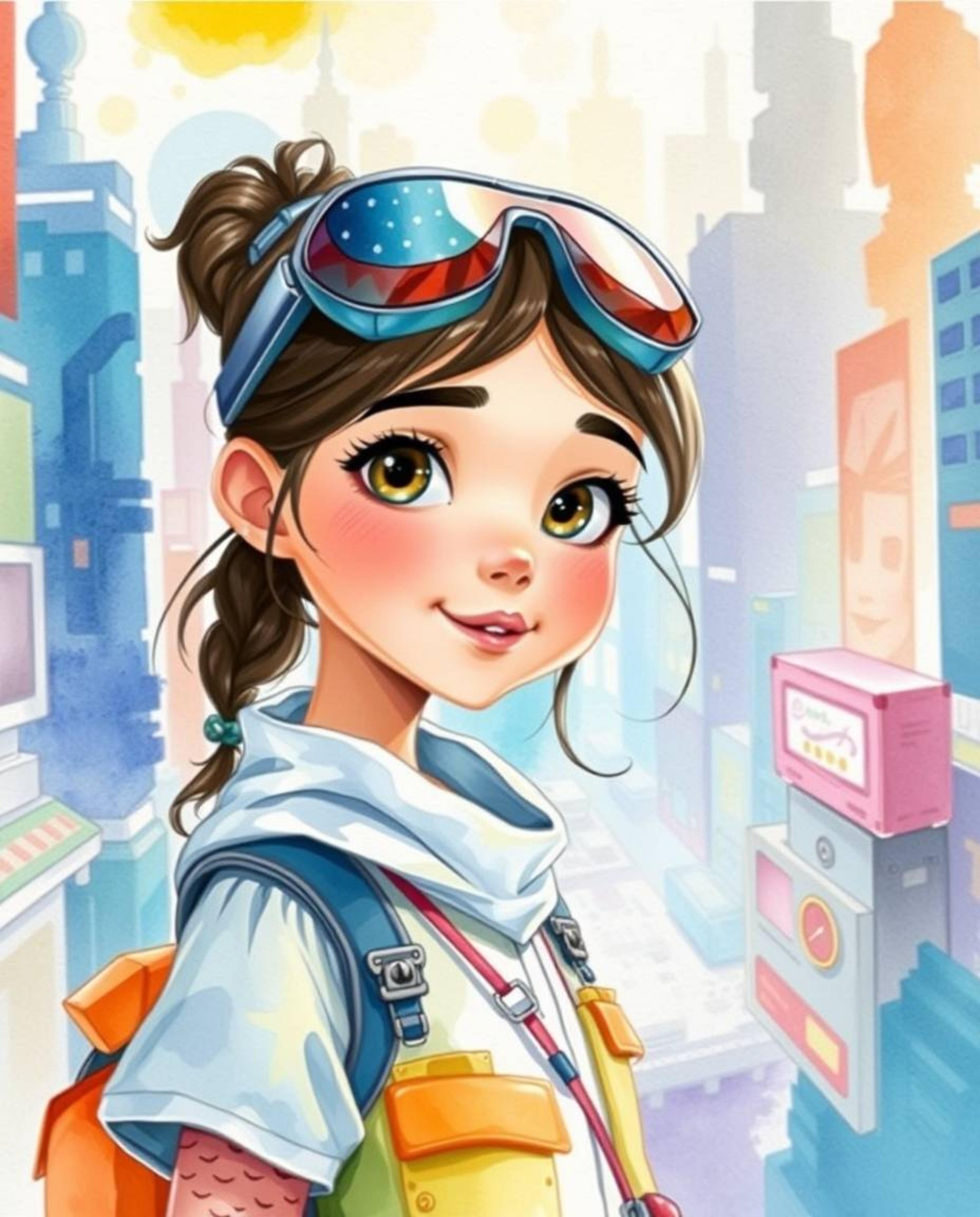 This vibrant watercolor painting depicts a young inventor girl with peach skin and bright eyes in a futuristic city, rendered