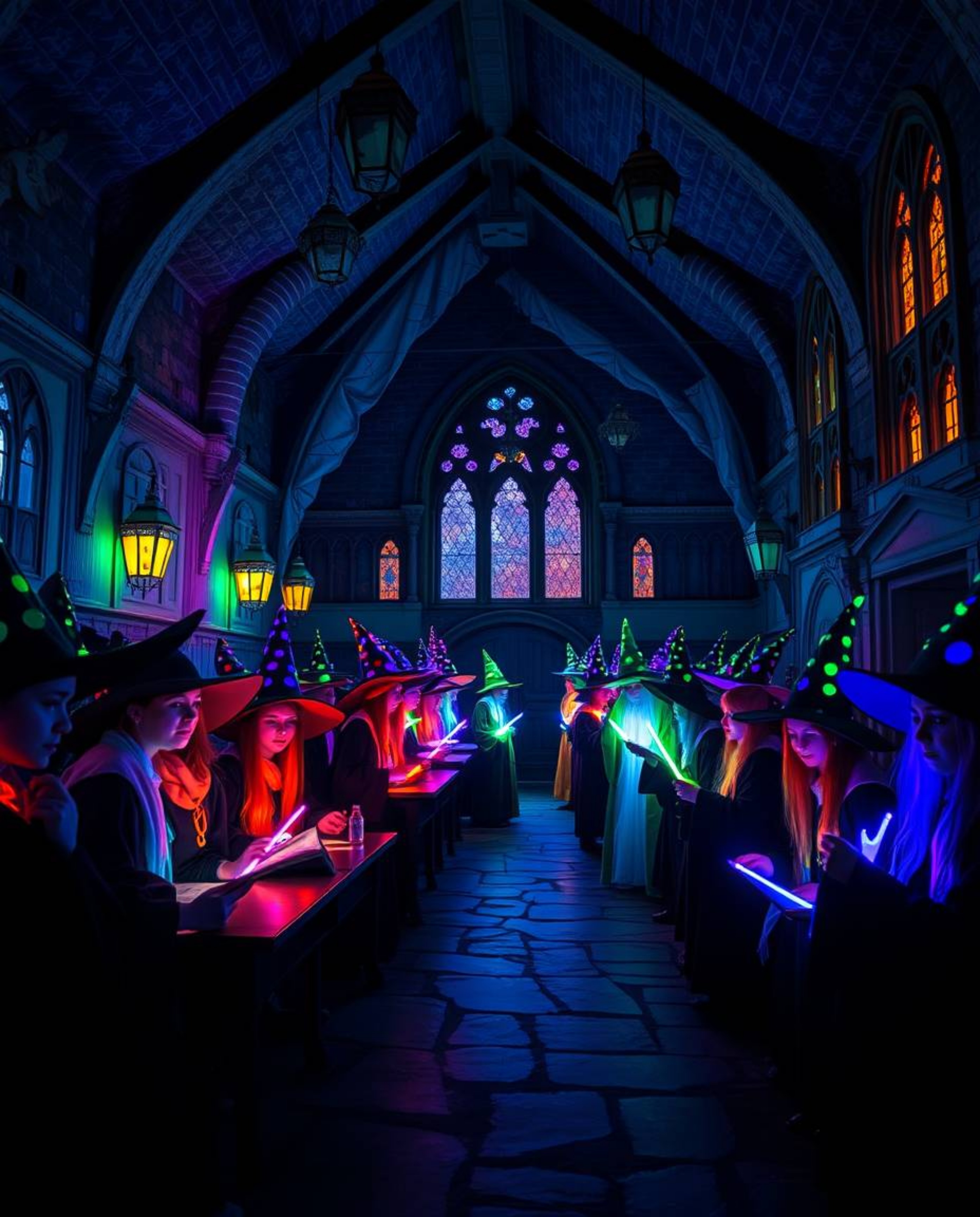 Discover a captivating magical school brimming with young wizards, bathed in the ethereal glow of bioluminescent colors.  Nat
