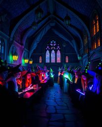 Discover a captivating magical school brimming with young wizards, bathed in the ethereal glow of bioluminescent colors.  Nat