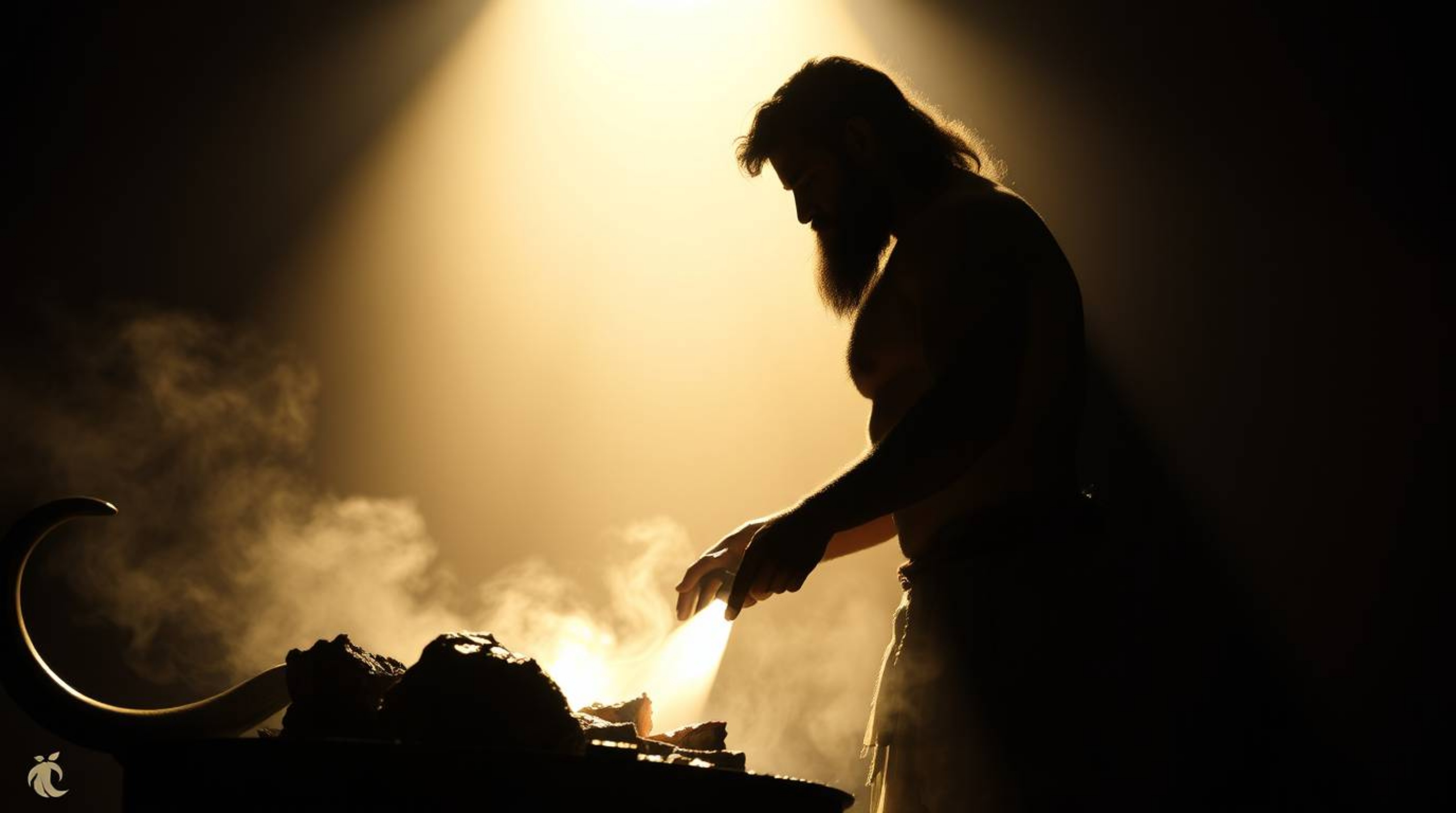 A silhouetted caveman with a muscular physique is depicted cooking mammoth meat, bathed in ethereal backlighting that evokes 