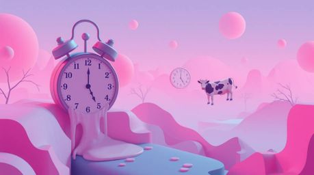 This digital illustration depicts a surreal dreamscape in a modern flat design style. Featuring melting clocks and floating c