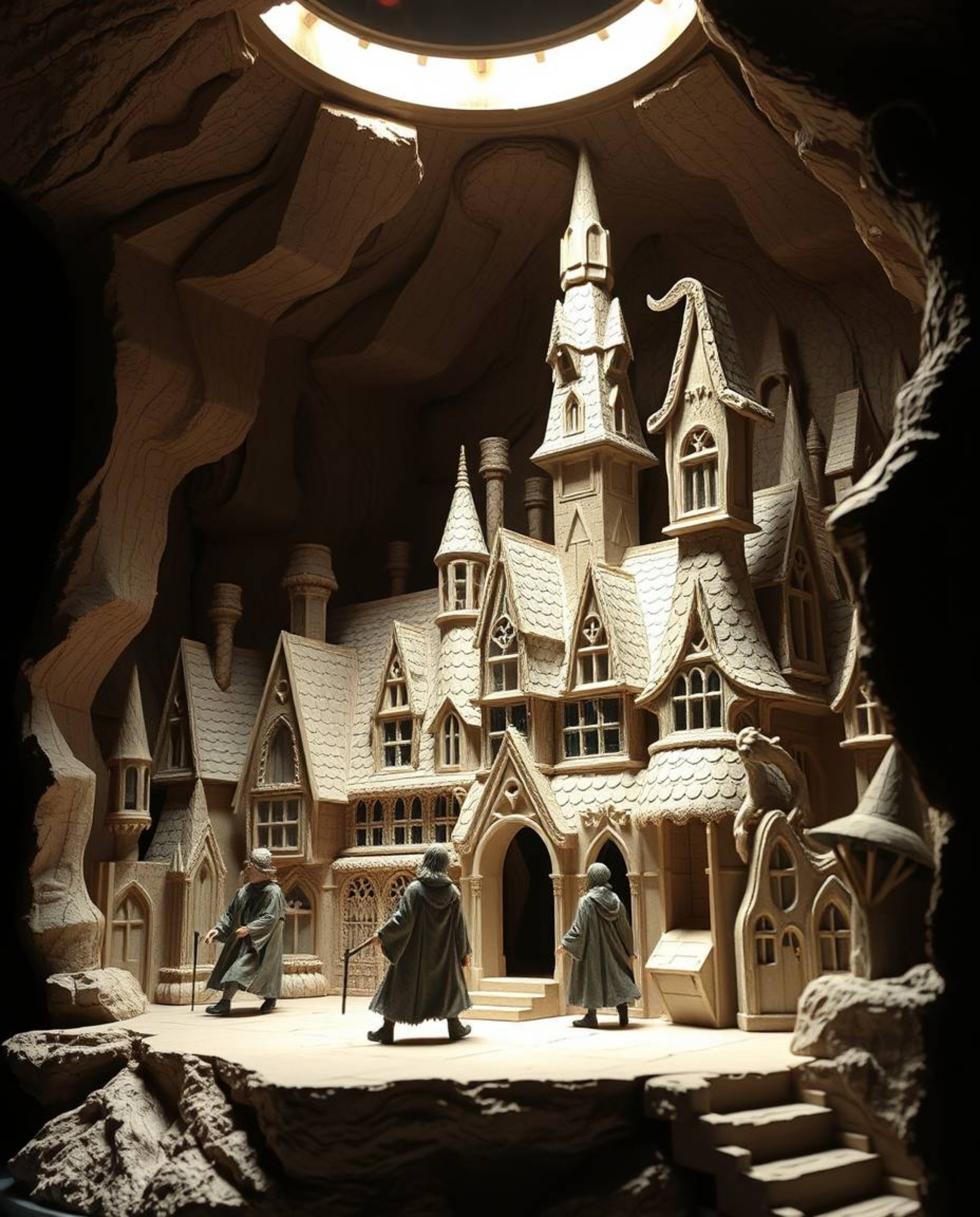 This papier-mâché sculpture depicts a magical school brimming with young wizards, rendered with intense dramatic lighting and