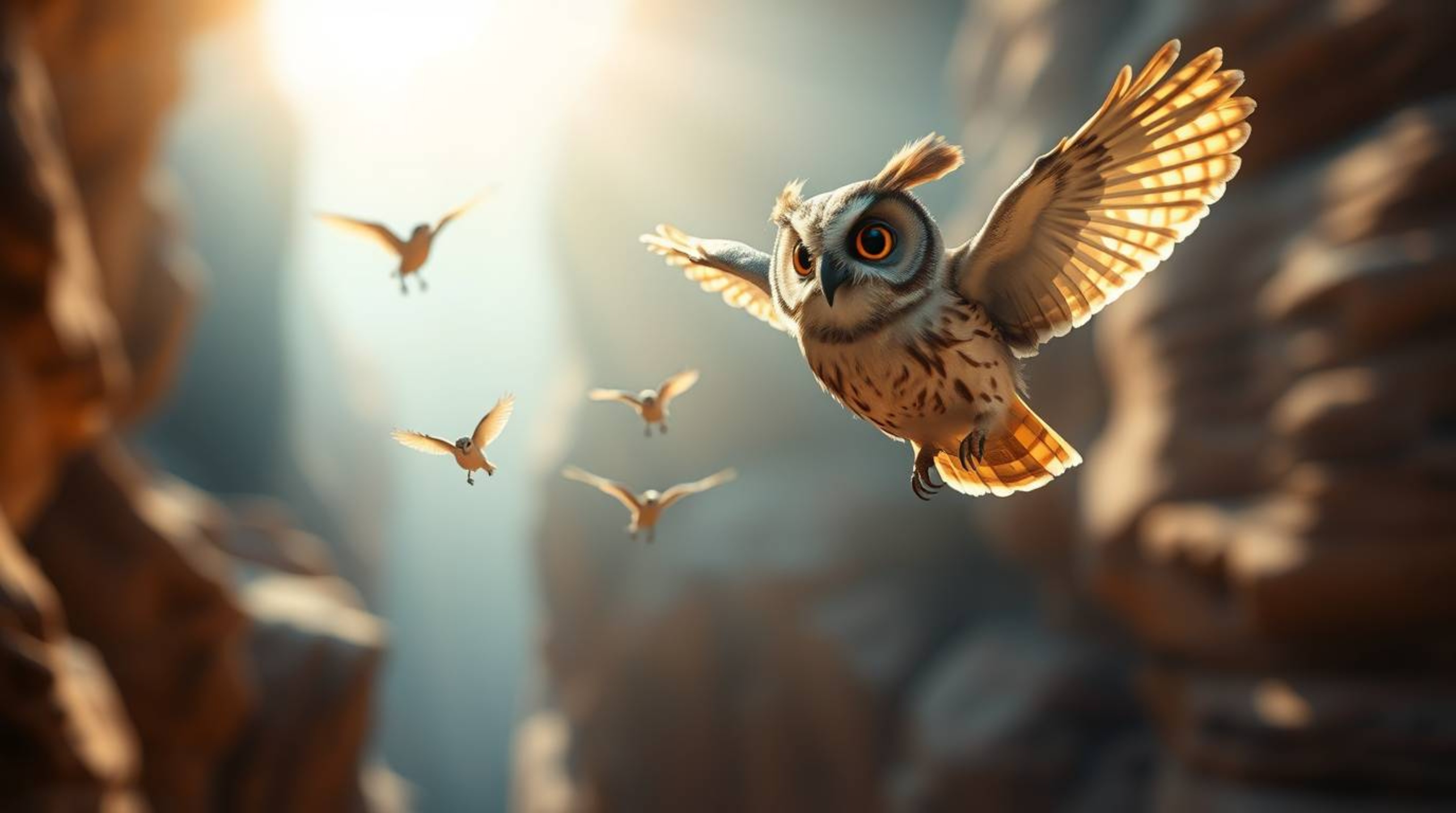 A captivating long exposure photograph capturing an ethereal scene.  A wise, blind owl in Pixar style with soft feathers ment