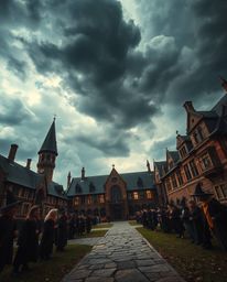 Explore a magical school brimming with young wizards, captured in a cinematic style featuring intense dramatic weather and st