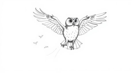 A captivating hand-drawn sketch in the style of Pixar depicts a blind owl, rendered with soft, textured pencil strokes, impar