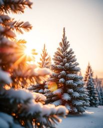 An extreme macro close-up showcases the radiant and luxurious details of snowy pine trees as they are illuminated by a warm g