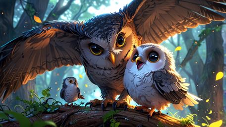 In a heartwarming and beautifully rendered scene, created in a blend of Pixar and anime styles, a wise blind owl is shown com