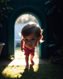 A captivating image of a child discovering a magical portal in their backyard, bathed in soft, teal light.  The scene evokes 