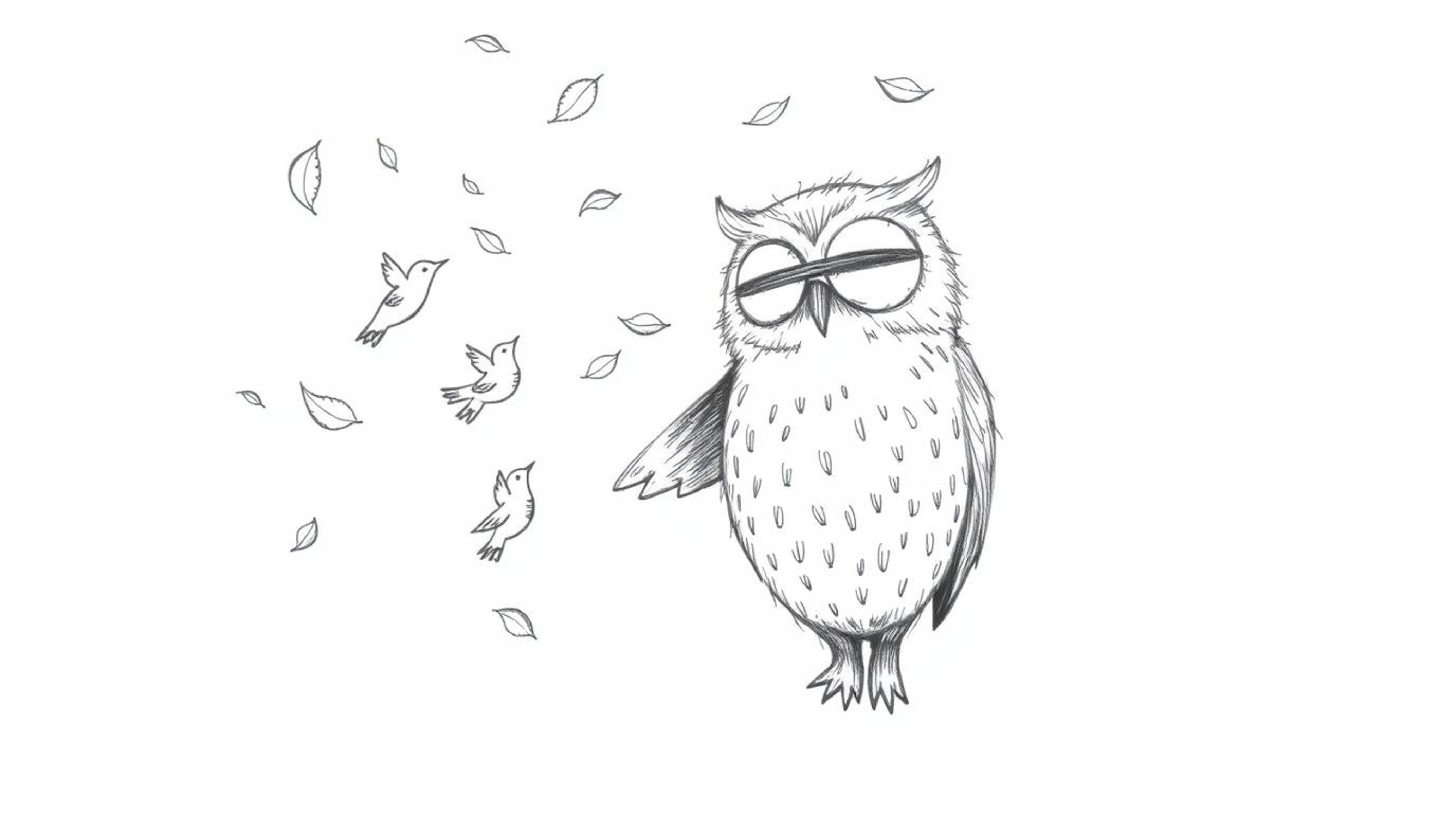A whimsical, hand-drawn sketch in the style of Pixar portrays a blind owl with gentle features, guiding a flock of birds as t