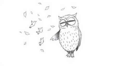 A whimsical, hand-drawn sketch in the style of Pixar portrays a blind owl with gentle features, guiding a flock of birds as t