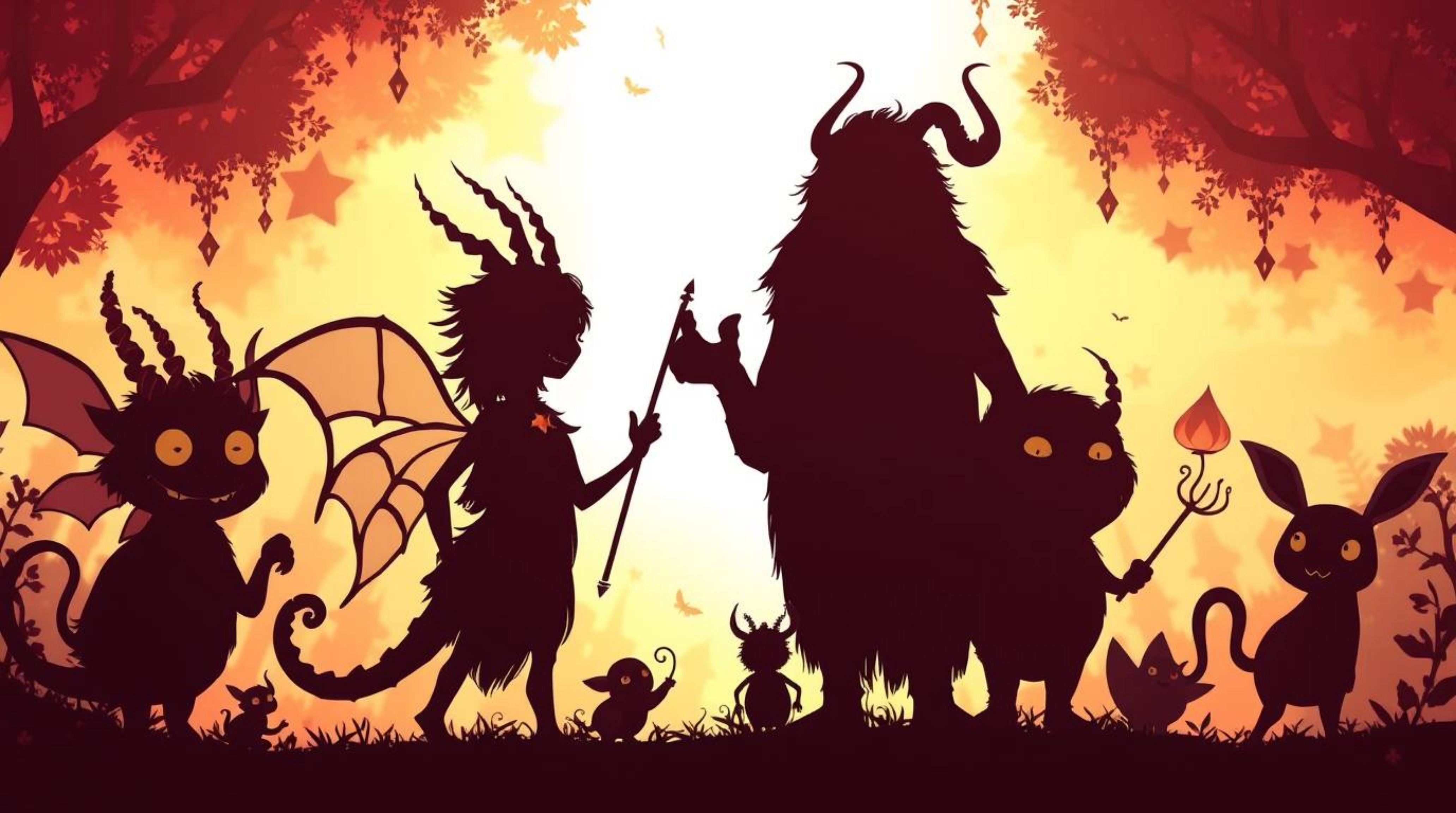 Explore a vibrant fantasy kingdom inhabited by silhouetted figures of quirky magical creatures. The backlighting creates a br