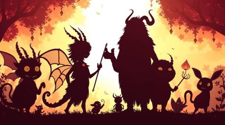 Explore a vibrant fantasy kingdom inhabited by silhouetted figures of quirky magical creatures. The backlighting creates a br