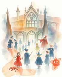 This delicate watercolor painting depicts a magical school teeming with young wizards. The artist employs translucent washes,