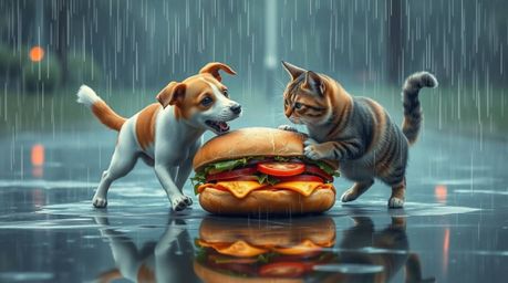 A whimsical scene in soft pastel colors depicts a friendly fight between a dog and a cat over a giant sandwich.  The gentle, 
