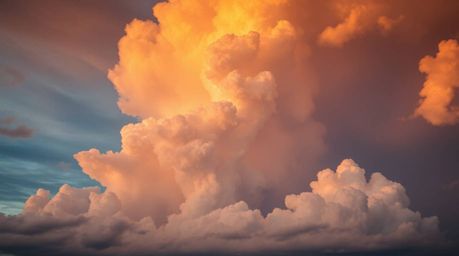 Stunning high-resolution stock photo depicting dramatic thunderstorm clouds illuminated by the warm, golden light of sunset o