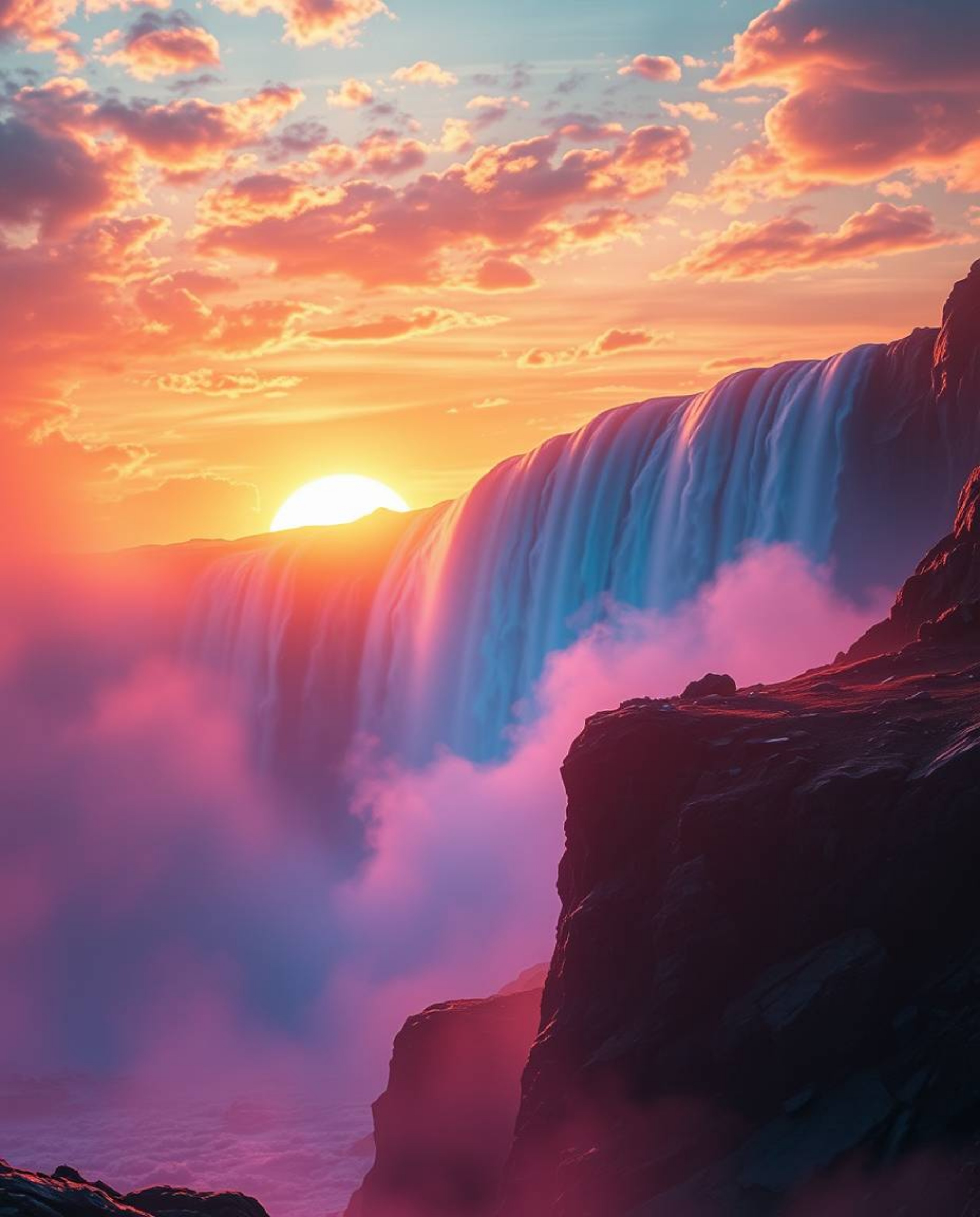 A futuristic sci-fi scene of a dramatic waterfall at sunset, featuring volumetric lighting and electric vivid colors. The com