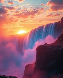 A futuristic sci-fi scene of a dramatic waterfall at sunset, featuring volumetric lighting and electric vivid colors. The com