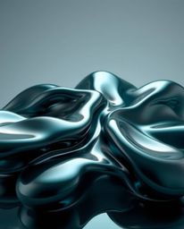 Explore captivating 3D sculptural fluid mercury shapes with reflective surfaces bathed in a rich, deep teal hue.  Gentle soft