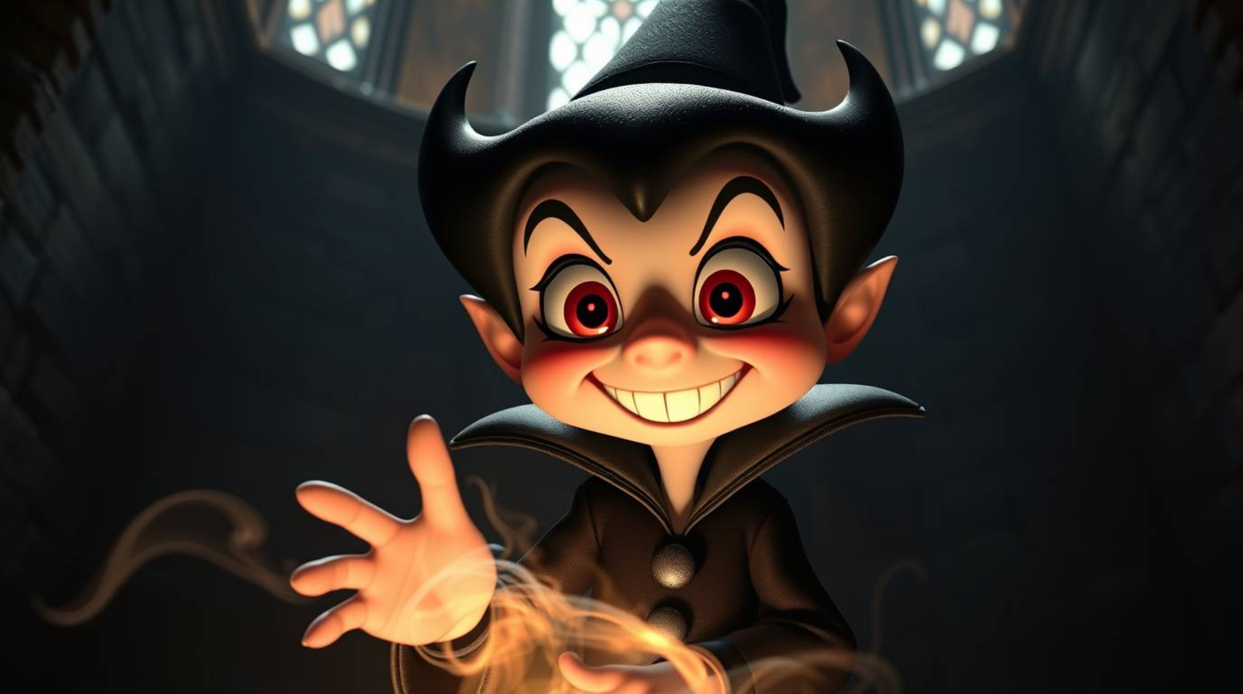 A captivating image of a classic Disney villain, both adorable and mischievous, casting a spell within an old castle. The sce