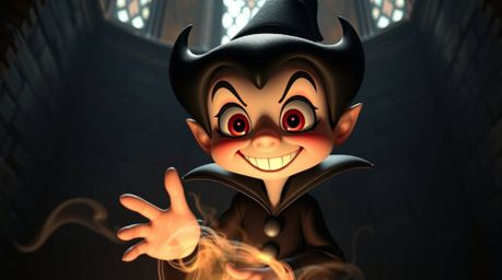 A captivating image of a classic Disney villain, both adorable and mischievous, casting a spell within an old castle. The sce