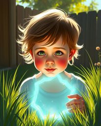 A digital painting depicts a child with rosy cheeks, encountering a glowing turquoise portal in their sun-drenched backyard.