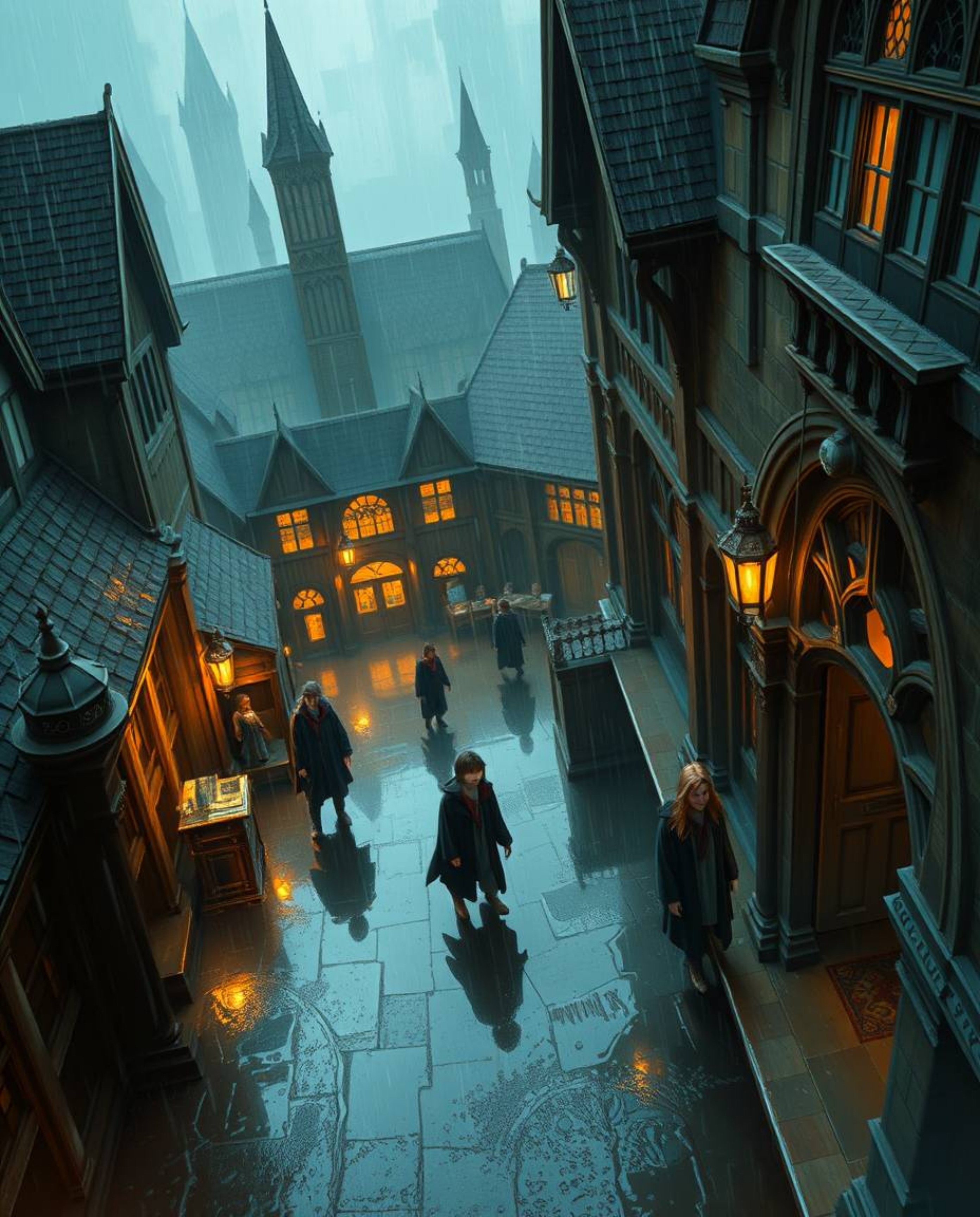 Immerse yourself in a captivating high-angle digital painting depicting a wet and rainy scene at a magical school. Young wiza