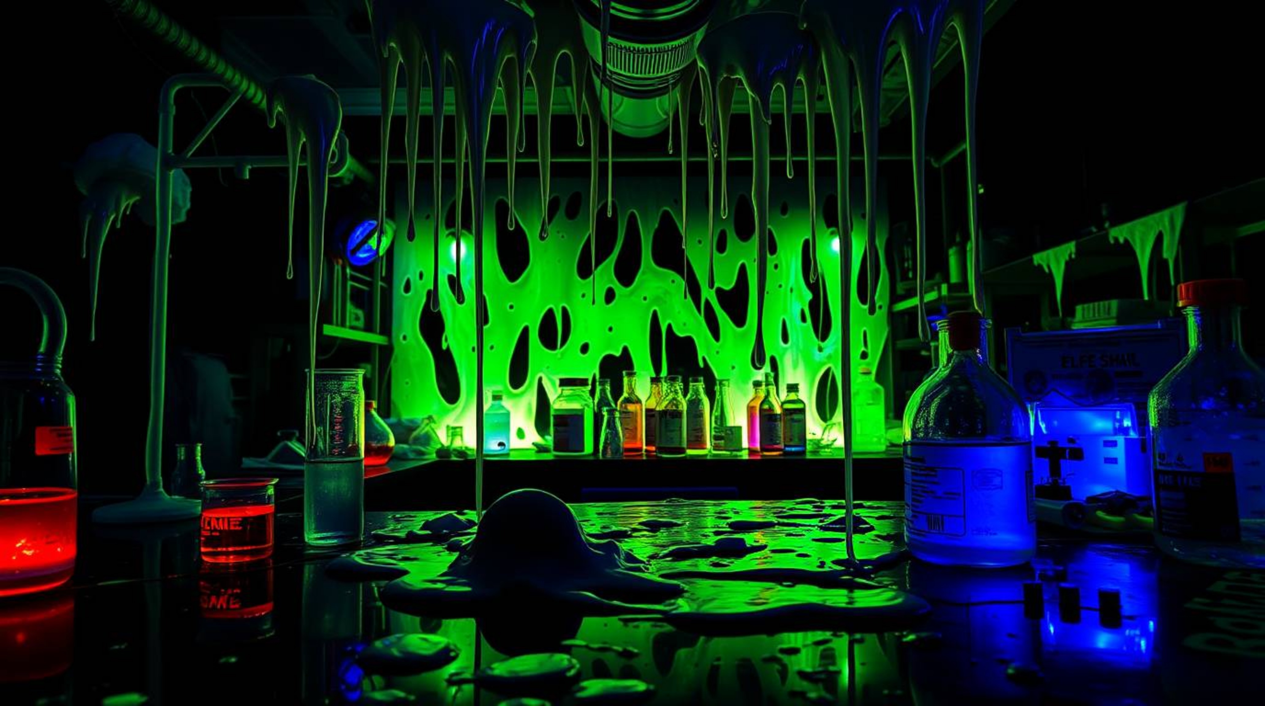 Immerse yourself in a captivating image of a slime-covered science lab bathed in bioluminescent colors.  The scene contrasts 