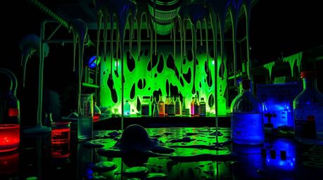Immerse yourself in a captivating image of a slime-covered science lab bathed in bioluminescent colors.  The scene contrasts 
