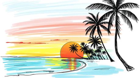 A vibrant hand-drawn sketchnote illustration captures a breathtaking tropical beach sunset.  Palm trees sway gently in the wa