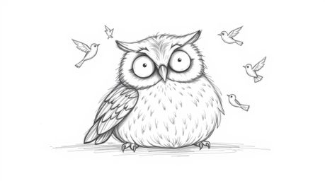 A hand-drawn sketch, Pixar-style, depicts a blind owl resting serenely against a white background, rendered with textured pen
