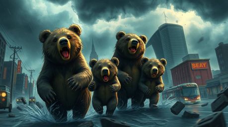 A brave bear family embarks on a thrilling and unpredictable urban adventure, facing intense weather conditions, stormy skies