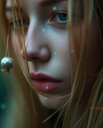 A captivating digital glitch art portrait showcasing an extreme macro close-up.  The image features a pixelated style, corrup