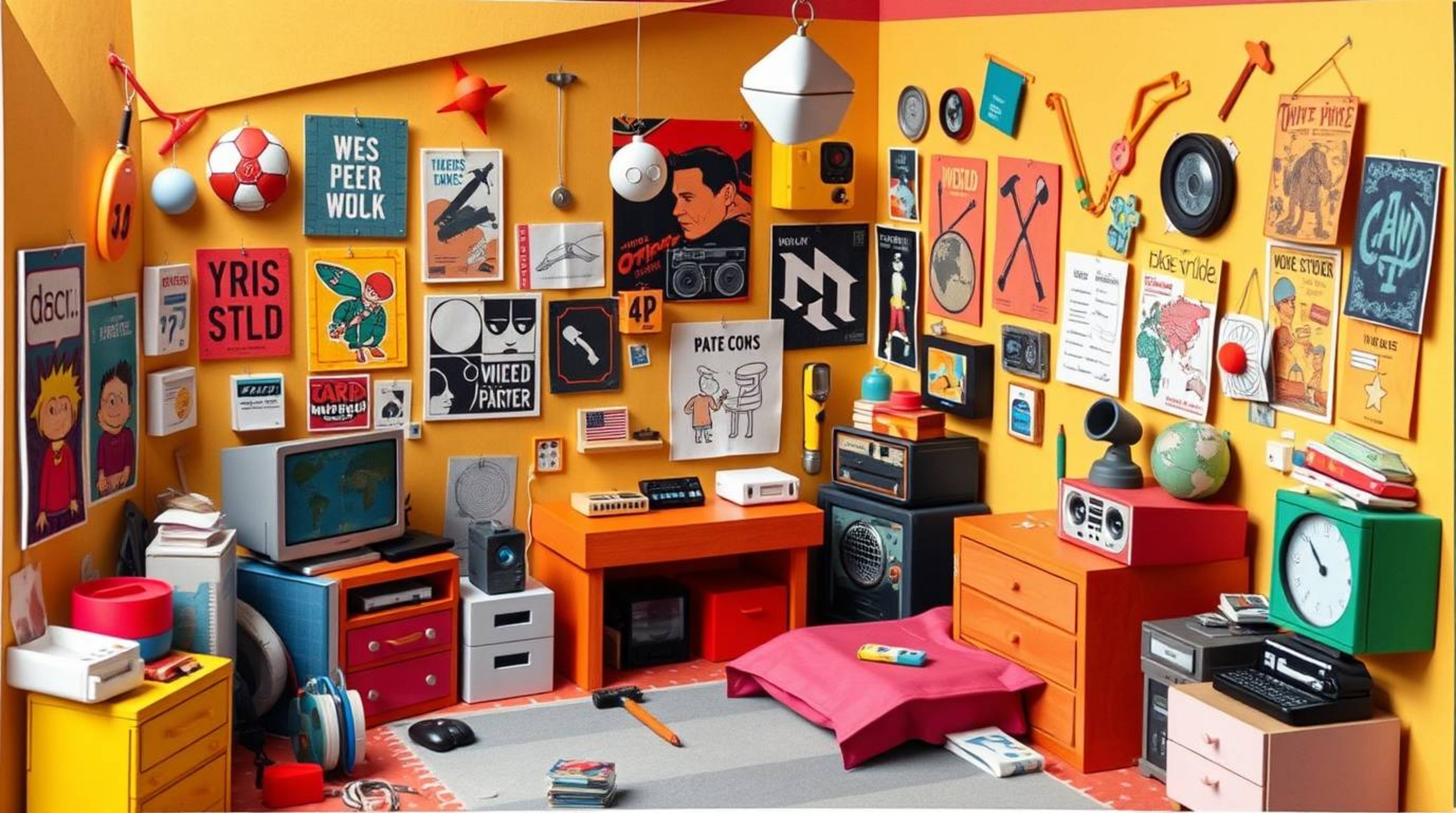 A bright and energetic depiction of a messy bedroom rendered in an intricate origami style, complete with weird gadgets and v