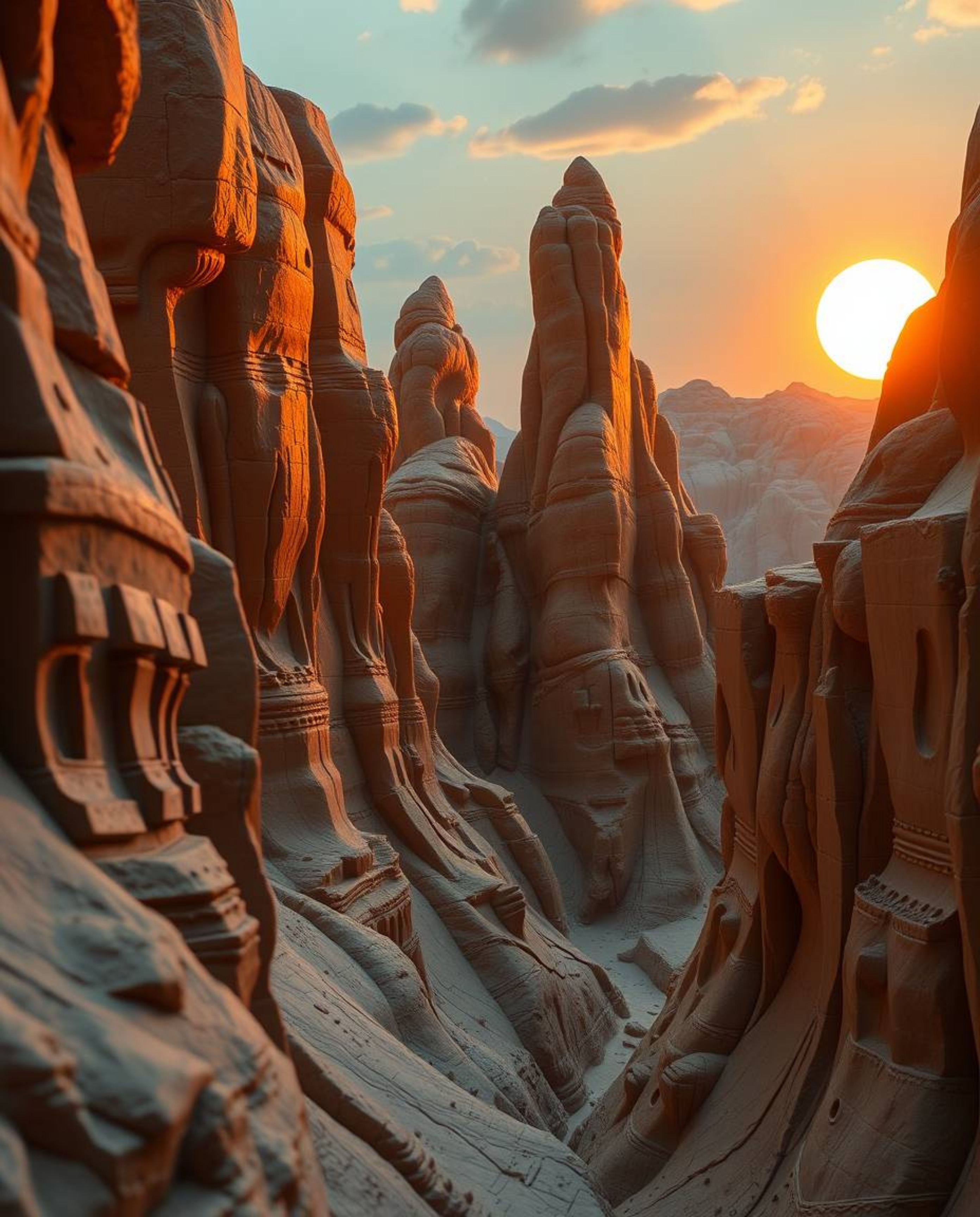 An epic, futuristic scene unfolds as sculptural clay art depicts a breathtaking sunset illuminating massive sandstone canyon 